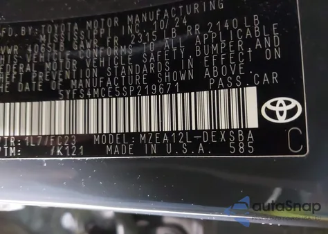 2025 Toyota Corolla Se из США, поврежденный, VIN 5YFS4MCE5SP219671